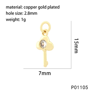 Detailed view of 18K gold plated key pendant with zircon inlay and product dimensions