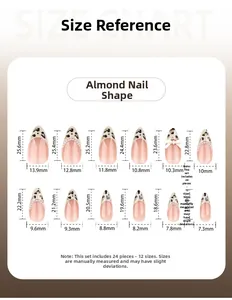 Guide des tailles pour 24 faux ongles amande léopard avec 12 dimensions différentes