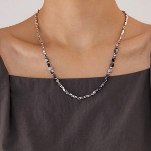 Minimalist titanium steel necklace with black square beads and marble charms for women and men
