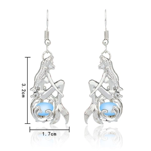 Halloween luminous mermaid dangle earrings in silver metal with light blue round beads