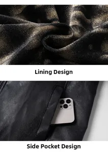 Detail of printed lining and practical side pocket of men's black leather jacket