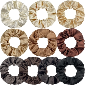 10-piece large satin scrunchies set in neutral earth tones with silky pleated texture