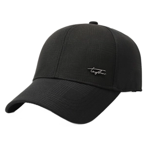 Classic black baseball cap for men with subtle dark plaid pattern and metal logo