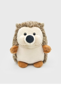 Detailed view of hedgehog plush toy with soft brown fur texture and round black eyes