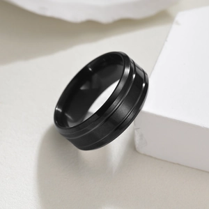 8mm matte black stainless steel ring for men with dual parallel grooves and polished edges