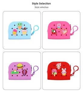 Mini silicone storage bags in four colors with cartoon charms and spring hooks