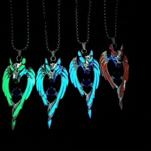 Retro Luminous Wolf Totem Necklace Zinc Alloy Winged Blue Gemstone Pendant Street Hip Hop Style Jewelry For Men