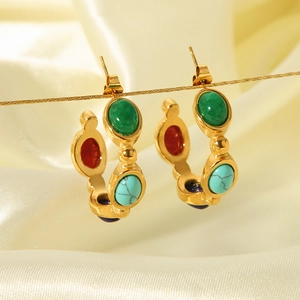 18K gold plated stainless steel C-shaped hoop earrings with colorful natural stones