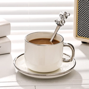 European Style Ceramic Coffee Cup Saucer And Bear Spoon Luxury Elegant White With Silver Trim For Afternoon Tea Office