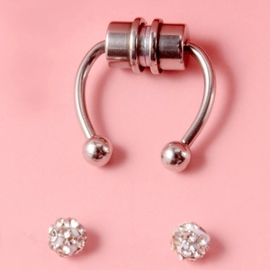 Silver magnetic septum ring with spherical ends and two white rhinestone stud earrings set