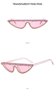 Front and side views of cat eye sunglasses with transparent pink frame and hand-set rhinestones