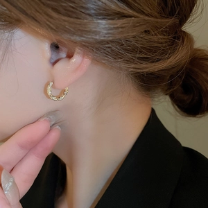 Close-up of gold-plated twisted hoop earrings with zircon stones worn by a model
