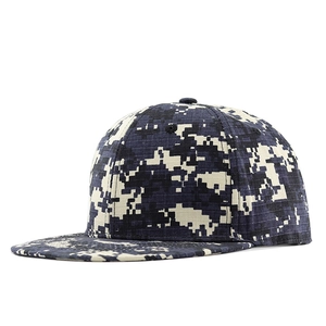 Detail of blue digital camouflage snapback hat featuring ripstop fabric and vent eyelets
