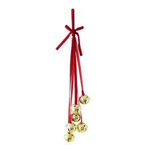 Christmas gold bells decoration hanging with six star cutout bells and a red velvet ribbon