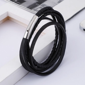 Men's punk multi-layer braided black leather bracelet with silver magnetic metal clasp