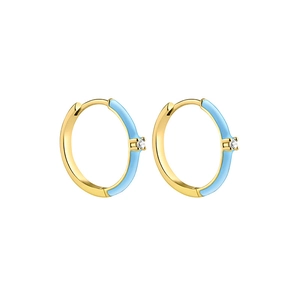 Detail of light blue enamel gold hoops featuring a centered sparkling clear zircon stone
