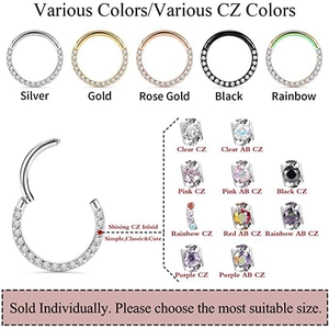 316L stainless steel hinged nose hoop with paved cubic zirconia crystals and multi-color options