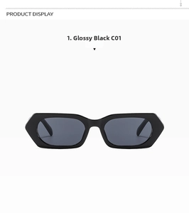 Detailed view of square bright black frames and dark grey UV lenses on retro sunglasses