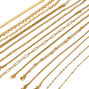 18k gold plated stainless steel chain assortment including snake, curb and link styles