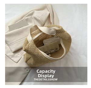 Macro shot showing the spacious interior of this woven tote bag with various accessories