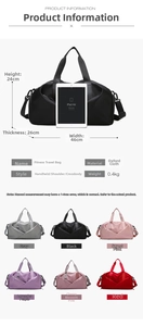 Detailed size chart for the travel bag featuring 46cm width and 0.4kg lightweight design