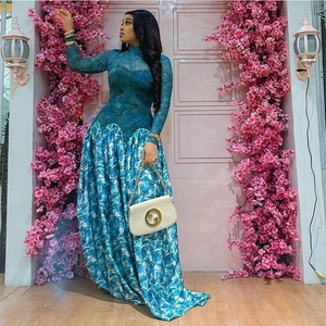 Elegant high-neck long sleeve floral A-line maxi dress in teal for women's slim fit style