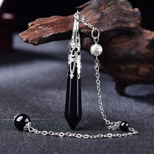 Obsidian hexagonal crystal pendant necklace with vintage silver filigree and metal chain