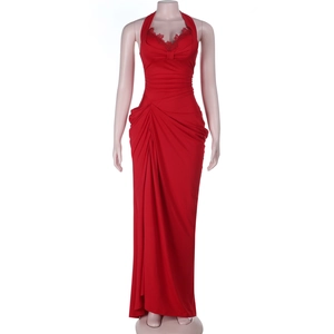 Elegant red backless halter maxi dress with lace trim and pleated draping detail