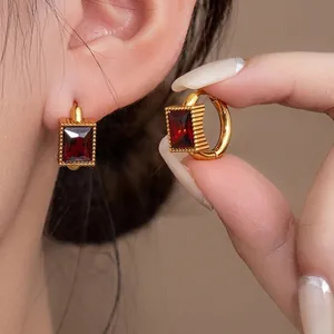 Rectangular Zircon 304 Stainless Steel Hoop Earrings Vintage Gold Plated Huggie For Women Luxury Elegant