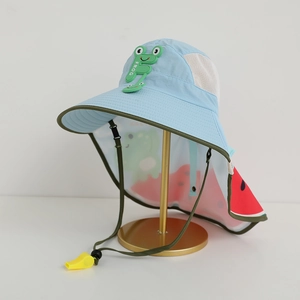Detail of kids sun hat with neck flap, breathable mesh, and yellow whistle attachment