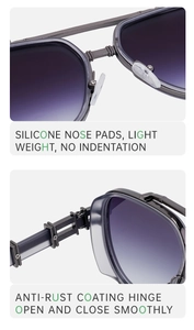 Detail view of anti-rust metal hinges and comfortable silicone nose pads on sunglasses