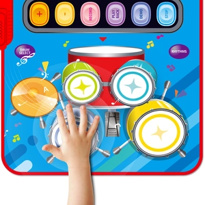 Blue 2-in-1 electronic piano and jazz drum music mat for kids showing touch interaction