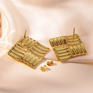French vintage style gold square stud earrings with unique wavy ripple texture