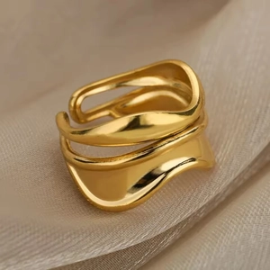18K gold plated stainless steel open ring with multilayer wavy asymmetric design