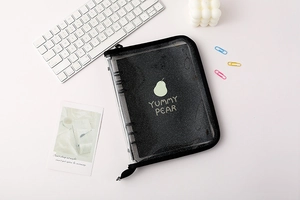 Detail of A5 A6 binder notebook with black glitter PVC cover and Yummy Pear graphic