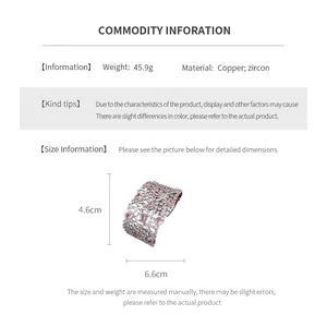 Detailed size chart of vintage zircon hollow cuff bangle with 6.6cm width and 4.6cm height