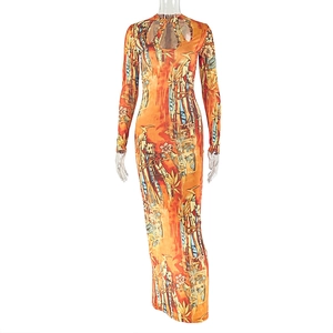 Detail of tear-drop neckline and vintage abstract print on long sleeve bodycon dress