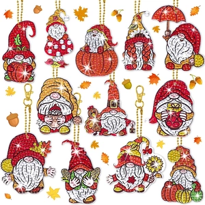 5D DIY Diamond Painting Keychain Set with 12 Autumn Gnomes and Acrylic Pumpkins