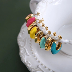 Minimalist gold-plated C-shaped enamel hoop earrings in vibrant multi-color options