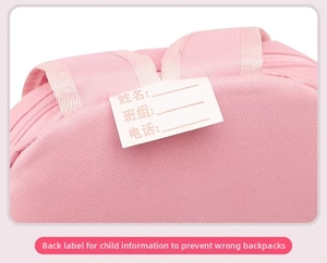 Detail of the pink dance bag showing the ID label for name, class, and phone contact