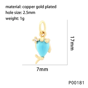 Detailed view of a blue dolphin pendant with copper gold plating and size dimensions