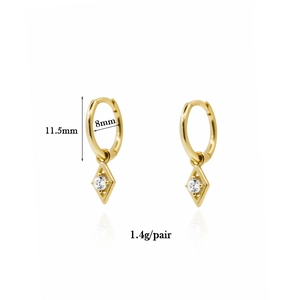 Detailed view of gold hoop earrings with zircon clover charms and size measurements
