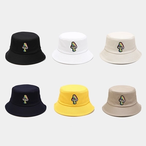 Mushroom Embroidery Cotton Canvas Bucket Hat UV Protection Wide Brim Flat Top Summer Outdoor Sun Hat For Women Men