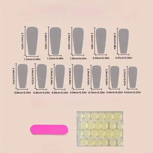 Guide des tailles pour faux ongles longs carrés avec 12 dimensions précises en cm et pouces
