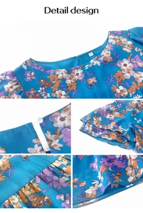 Détails du haut en mousseline fleurie bleue avec manches à volants et fermeture boutonnée