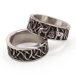 Polished silver Viking wolf ring featuring intricate Celtic knots on stainless steel