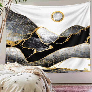 Detail of modern abstract mountain tapestry with marble texture and gold geometric lines