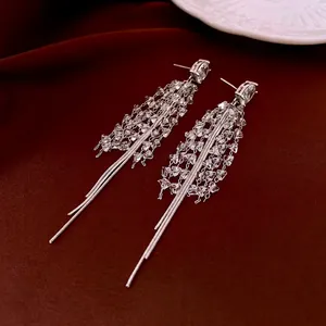 Boucles d'oreilles à franges argentées avec zircon ovale sur velours rouge
