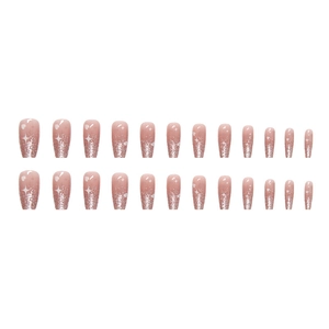 Pink press-on nails with silver glitter gradient and white star heart patterns