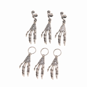 6-piece silver skull hand hair rings for Halloween including open and closed rings